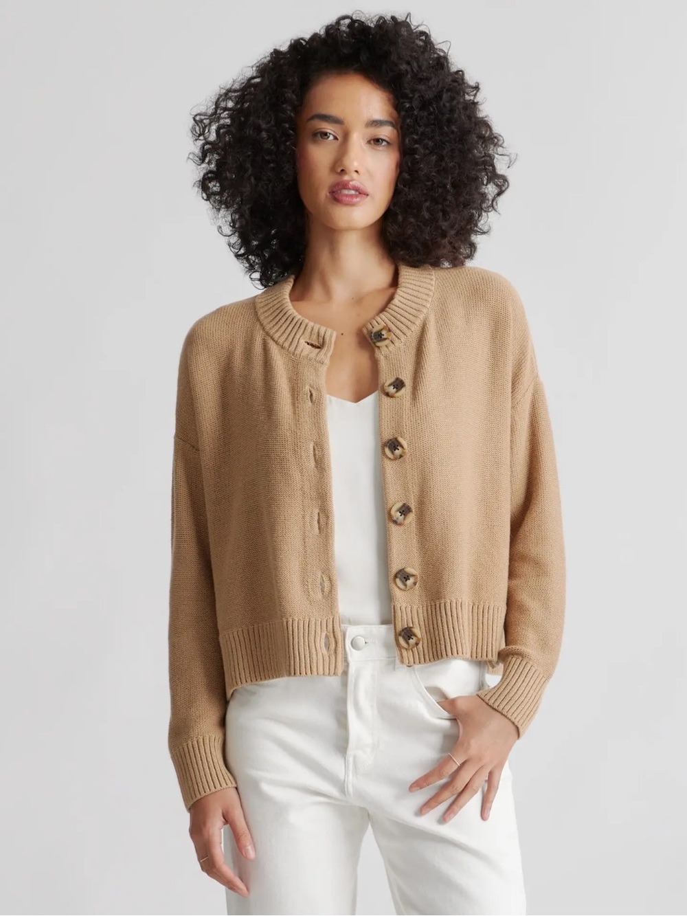 Quince 100% Organic Cotton Cropped Cardigan Sweater Camel Size Medium